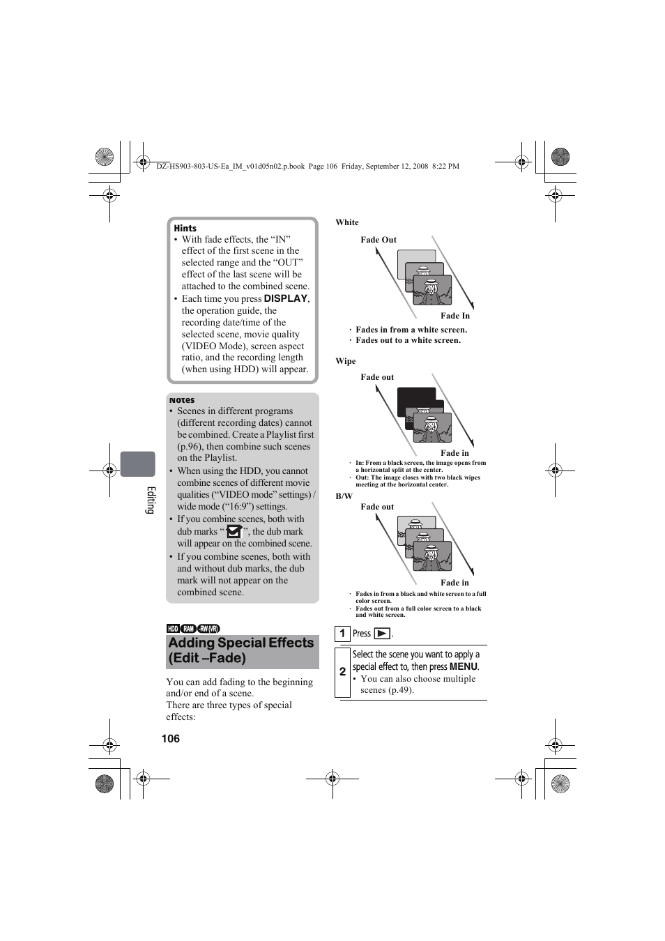 Adding special effects (edit –fade) | Hitachi DZ-HS803A User Manual | Page 106 / 191