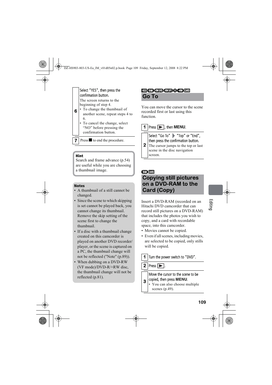 Go to | Hitachi DZ-HS803A User Manual | Page 109 / 191