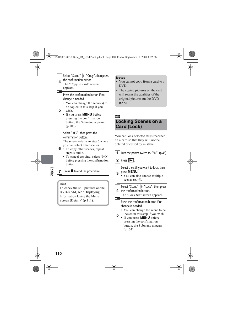 Locking scenes on a card (lock) | Hitachi DZ-HS803A User Manual | Page 110 / 191