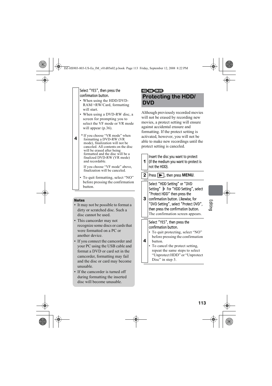 Protecting the hdd/ dvd | Hitachi DZ-HS803A User Manual | Page 113 / 191