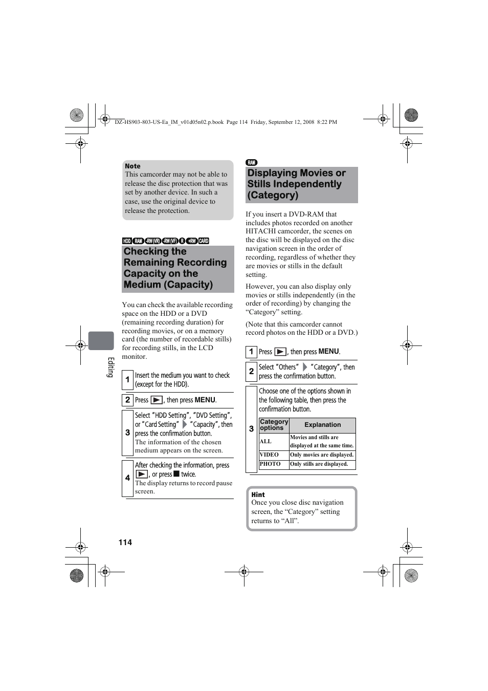 Hitachi DZ-HS803A User Manual | Page 114 / 191