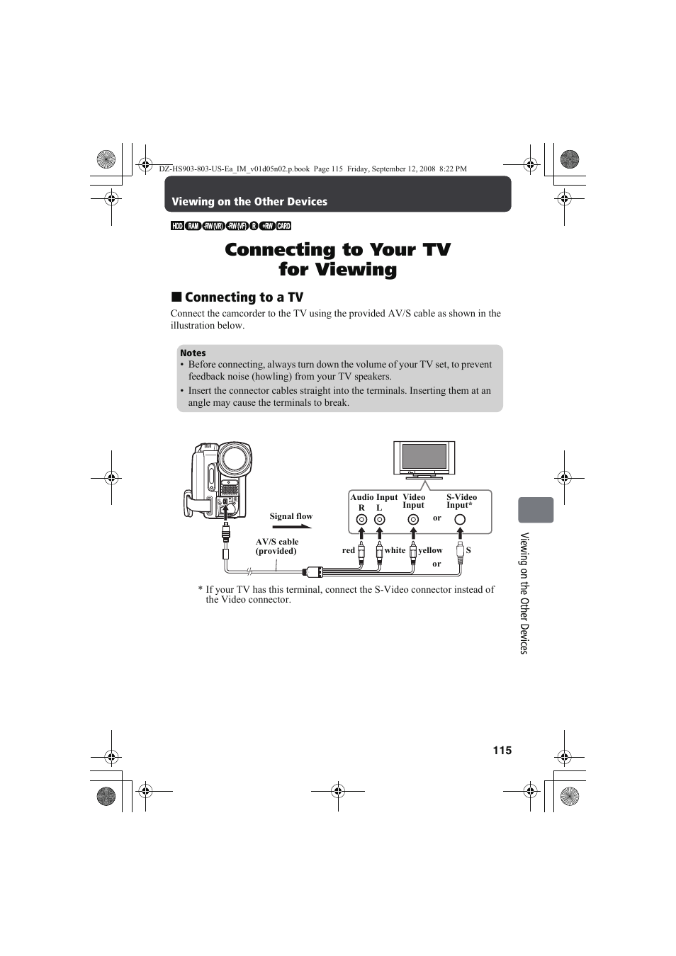 Connecting to your tv for viewing, Connecting to a tv | Hitachi DZ-HS803A User Manual | Page 115 / 191