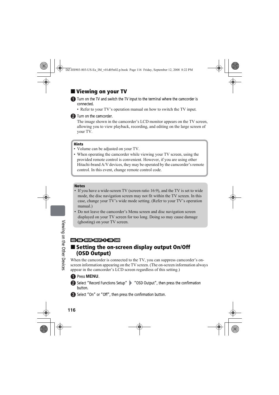 Viewing on your tv | Hitachi DZ-HS803A User Manual | Page 116 / 191