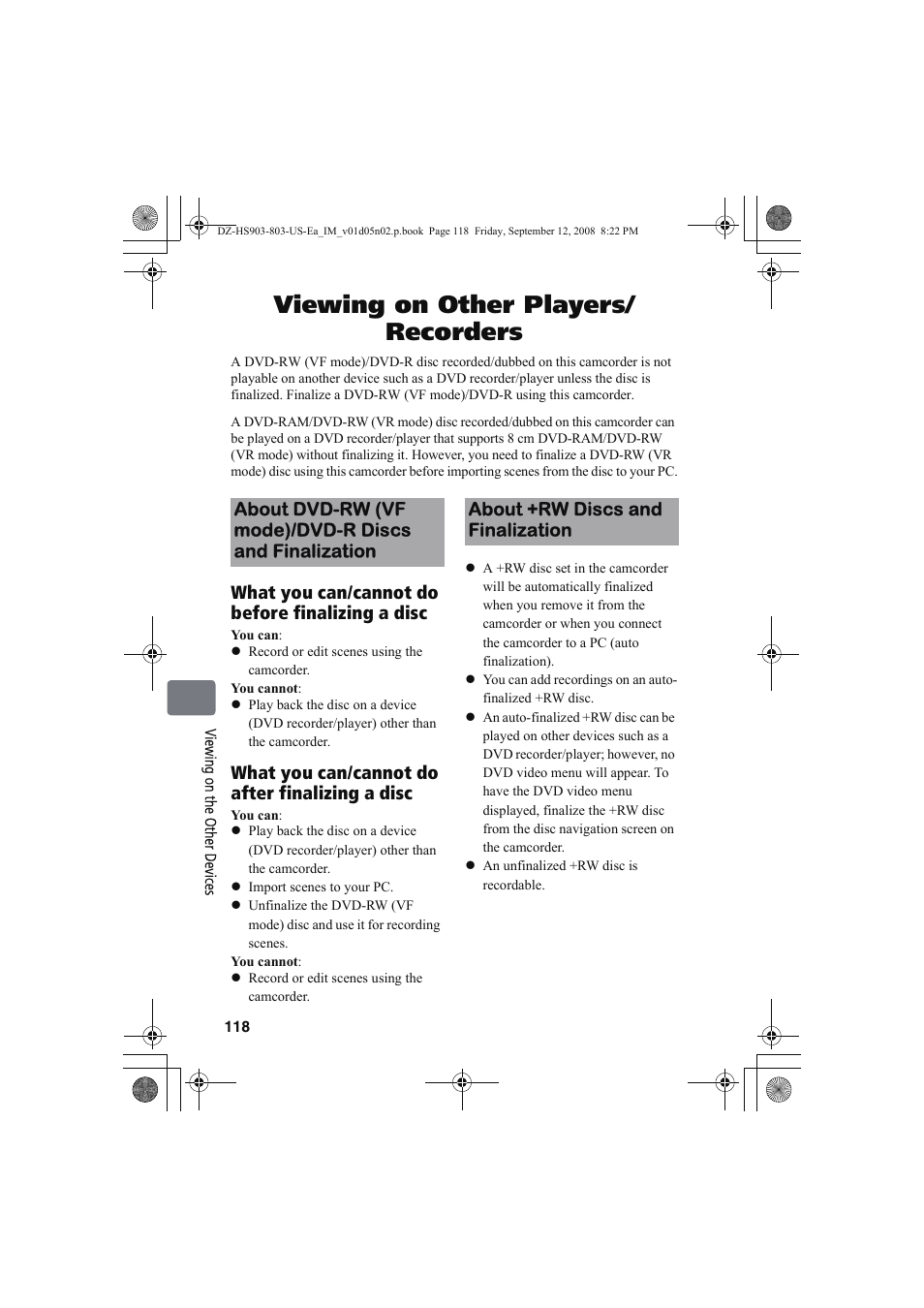 Viewing on other players/ recorders, What you can/cannot do before finalizing a disc, What you can/cannot do after finalizing a disc | Hitachi DZ-HS803A User Manual | Page 118 / 191