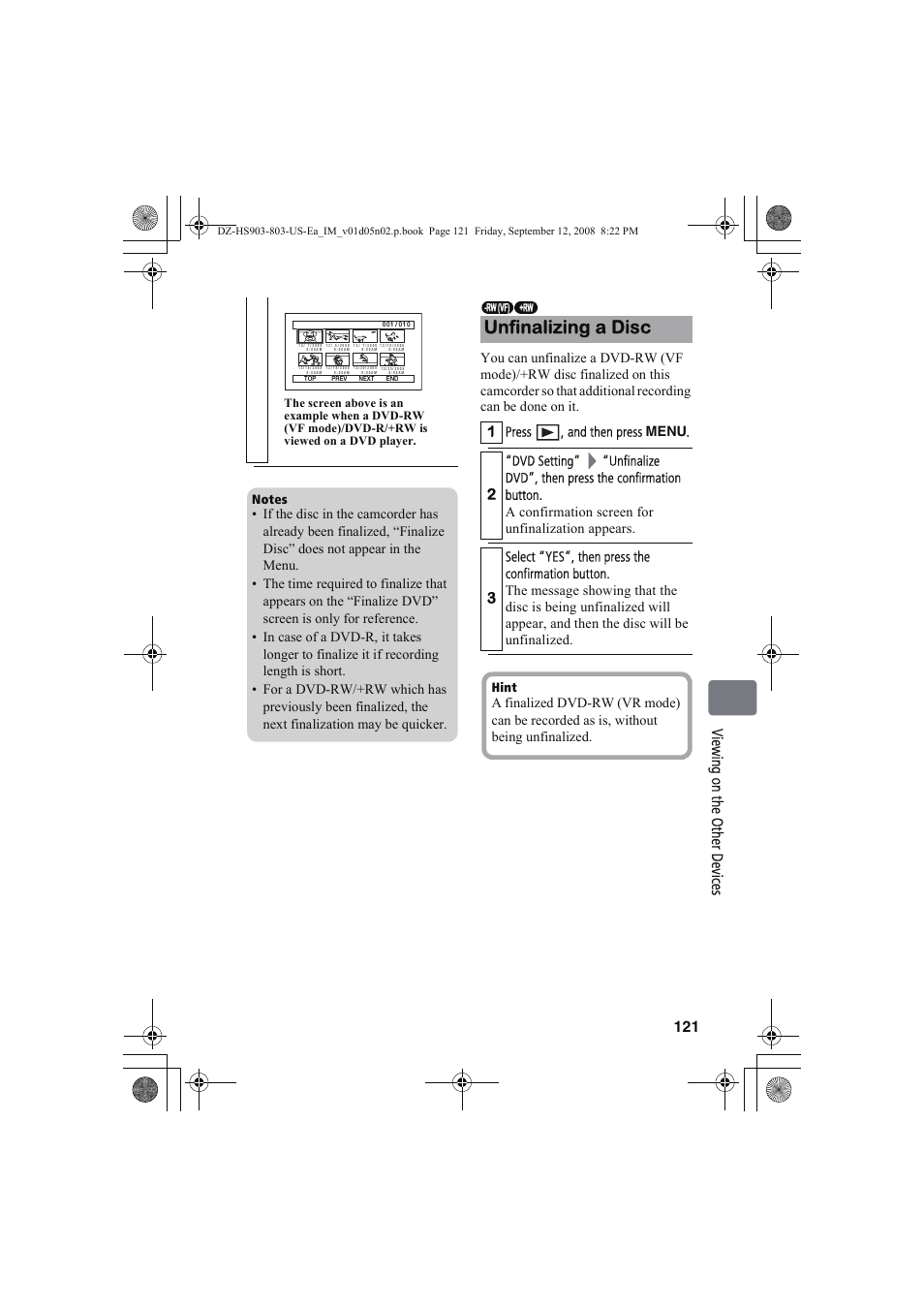 Unfinalizing a disc, Press , and then press menu | Hitachi DZ-HS803A User Manual | Page 121 / 191