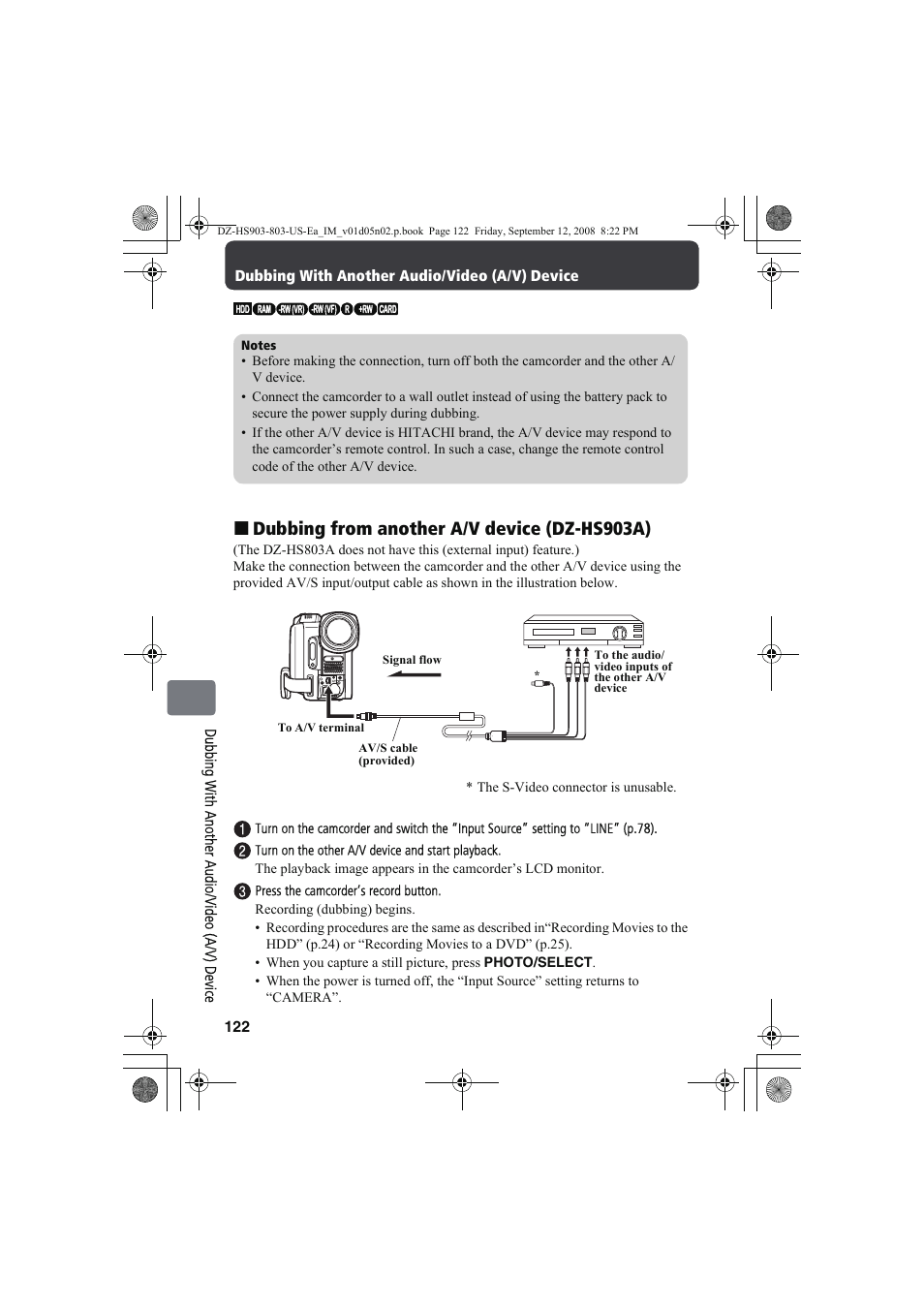 Dubbing from another a/v device (dz-hs903a) | Hitachi DZ-HS803A User Manual | Page 122 / 191