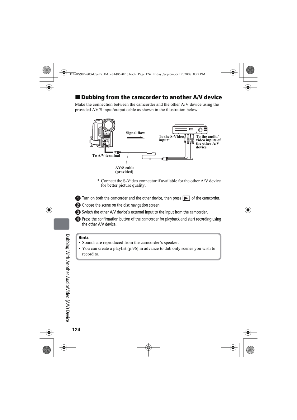 Dubbing from the camcorder to another a/v device | Hitachi DZ-HS803A User Manual | Page 124 / 191