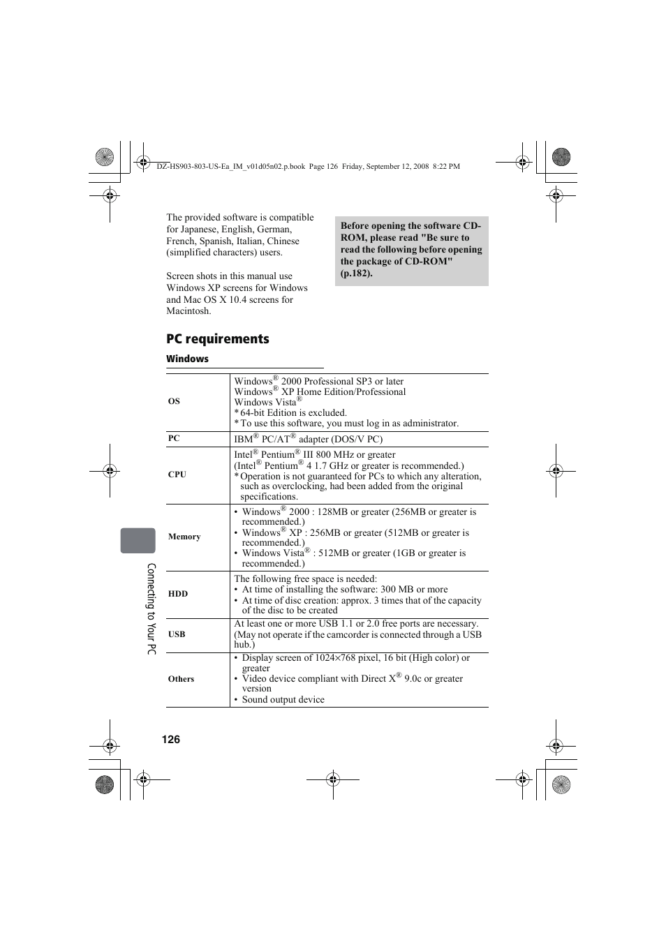 Pc requirements | Hitachi DZ-HS803A User Manual | Page 126 / 191