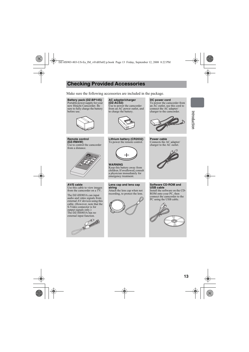 Checking provided accessories, 13 in trod uct ion | Hitachi DZ-HS803A User Manual | Page 13 / 191