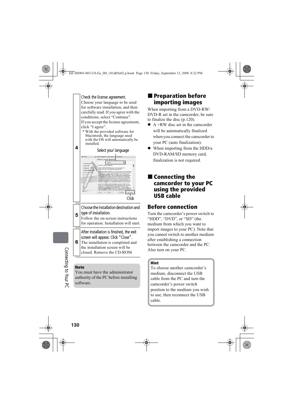 Preparation before importing images | Hitachi DZ-HS803A User Manual | Page 130 / 191