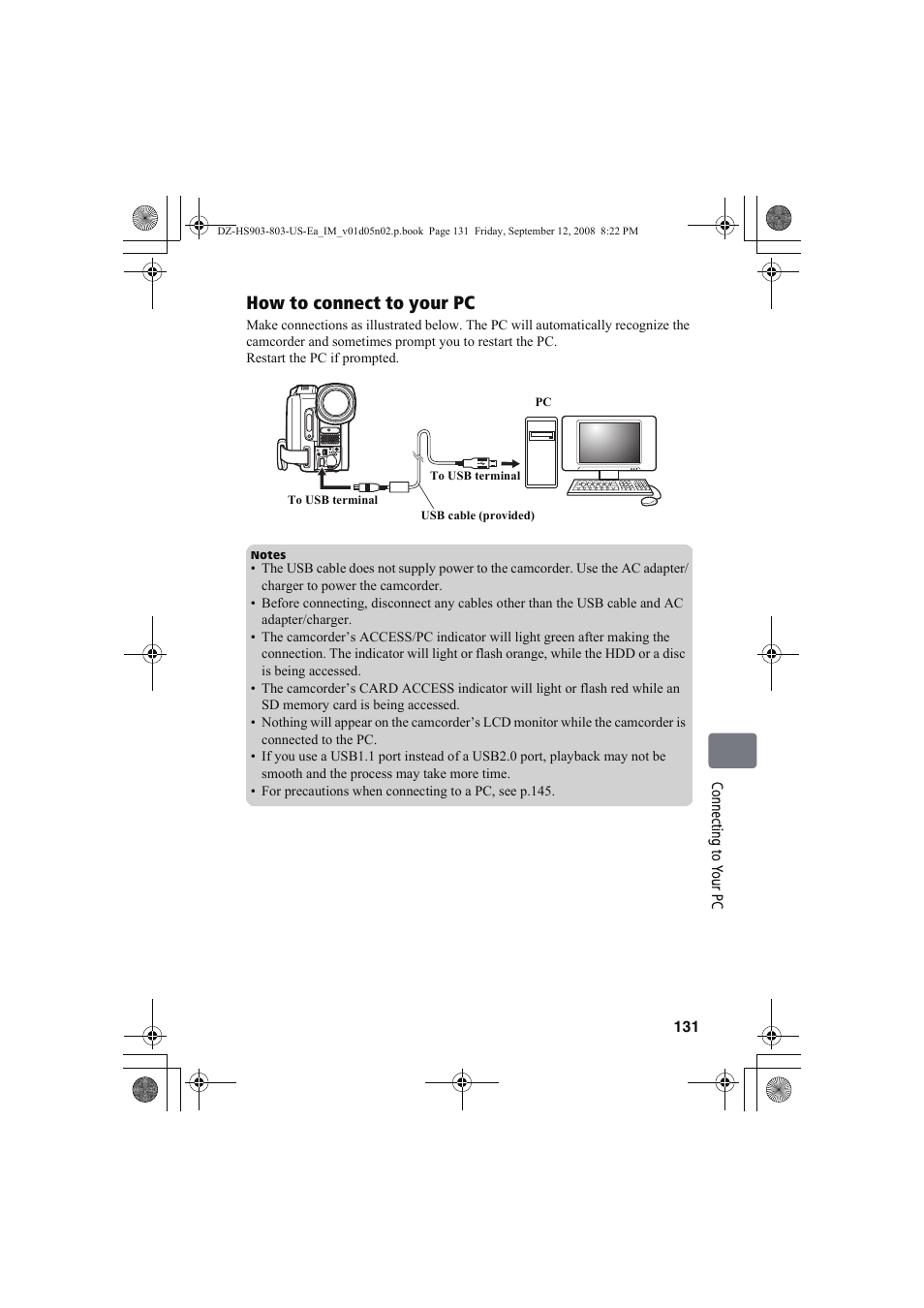 How to connect to your pc | Hitachi DZ-HS803A User Manual | Page 131 / 191