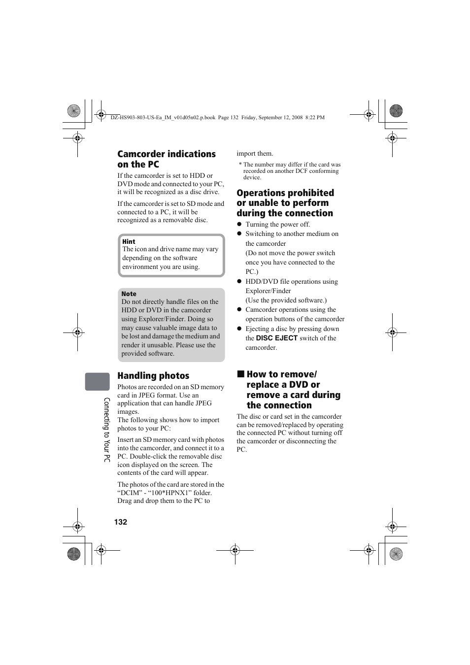 Camcorder indications on the pc, Handling photos | Hitachi DZ-HS803A User Manual | Page 132 / 191