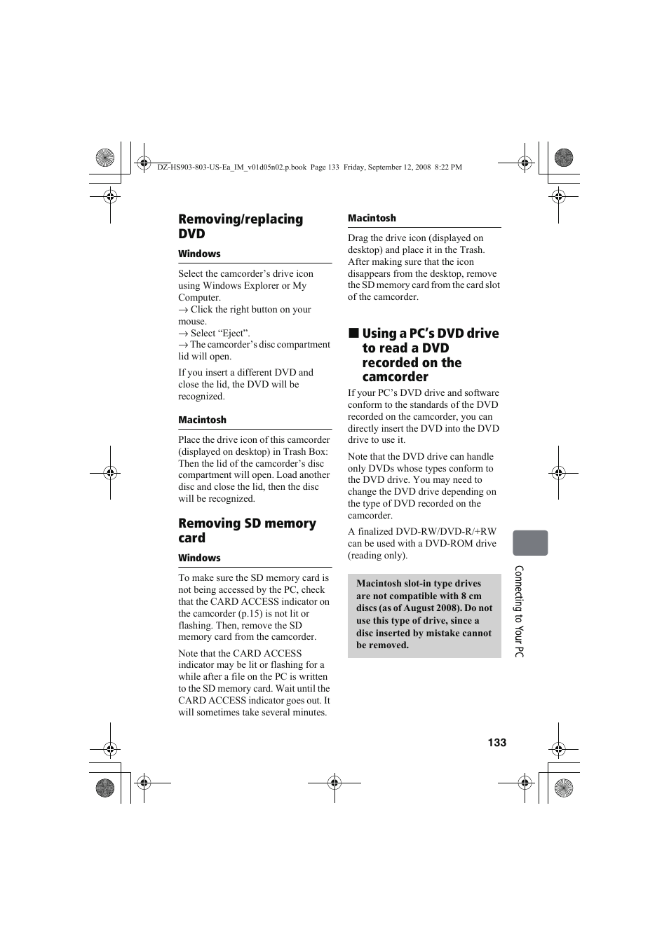 Removing/replacing dvd | Hitachi DZ-HS803A User Manual | Page 133 / 191