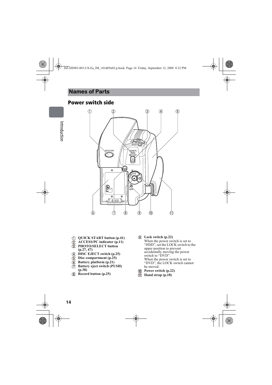 Power switch side names of parts | Hitachi DZ-HS803A User Manual | Page 14 / 191