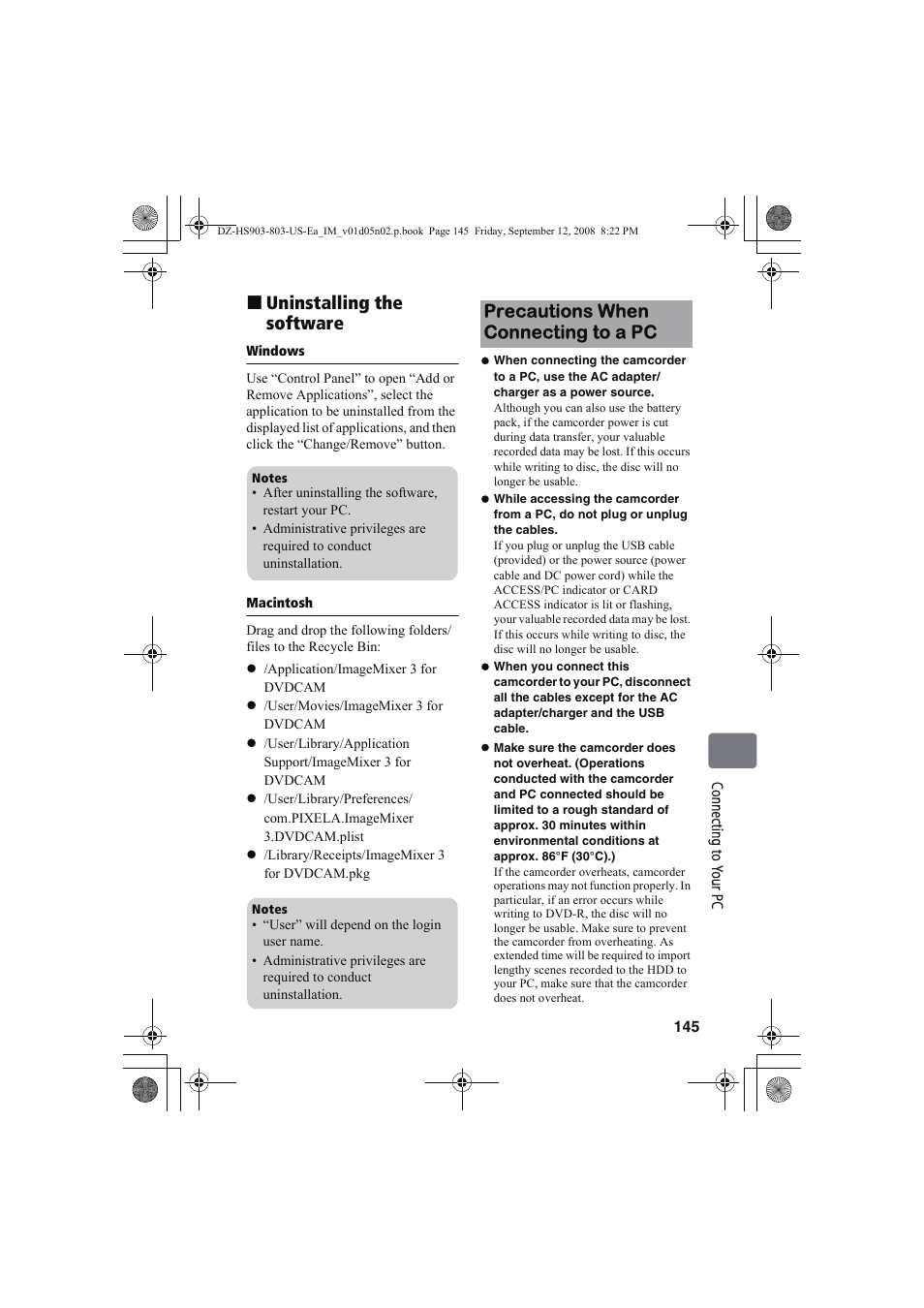 Uninstalling the software, Precautions when connecting to a pc | Hitachi DZ-HS803A User Manual | Page 145 / 191