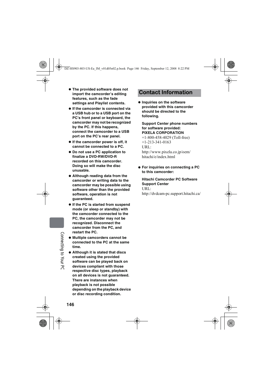 Contact information | Hitachi DZ-HS803A User Manual | Page 146 / 191