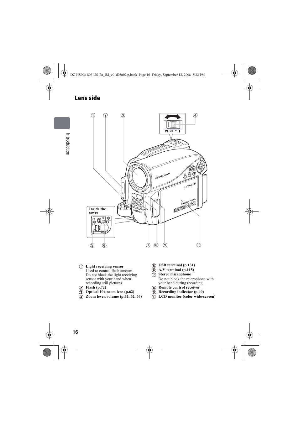 Lens side | Hitachi DZ-HS803A User Manual | Page 16 / 191