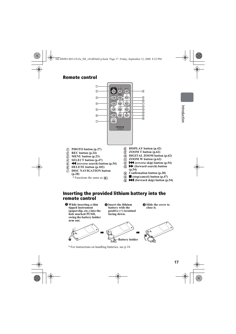 17 in trod uct ion | Hitachi DZ-HS803A User Manual | Page 17 / 191