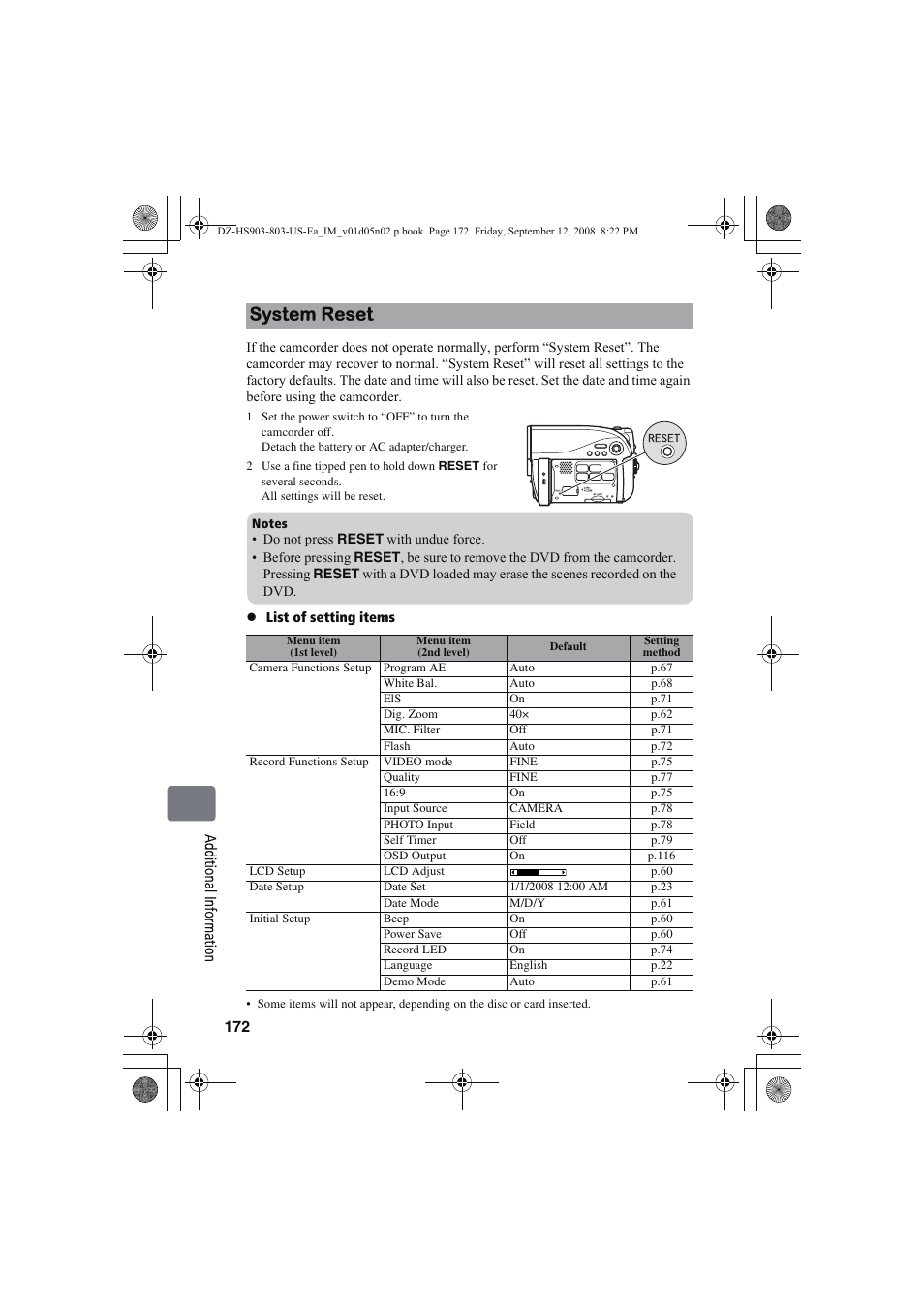 System reset | Hitachi DZ-HS803A User Manual | Page 172 / 191