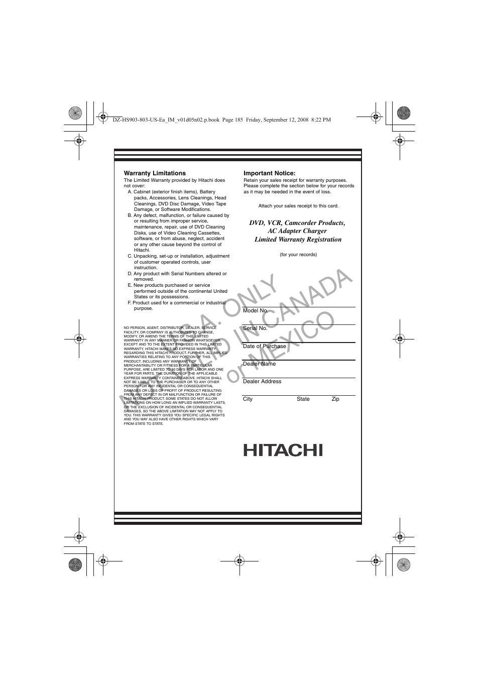 U.s .a. onl y no t v alid in canad a or mexico | Hitachi DZ-HS803A User Manual | Page 185 / 191