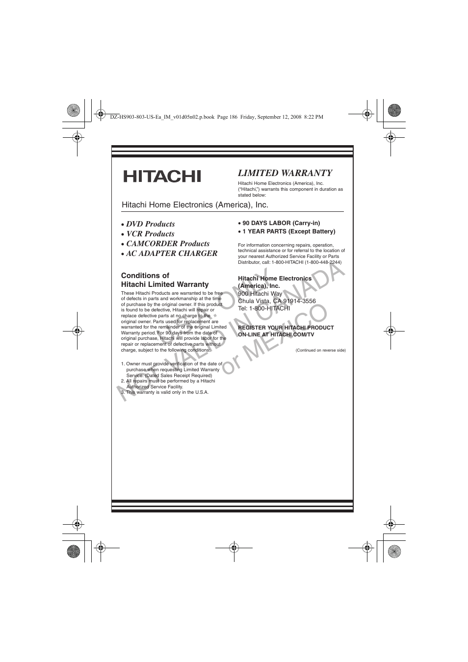 U.s .a. onl y no t v alid in canad a or mexico | Hitachi DZ-HS803A User Manual | Page 186 / 191