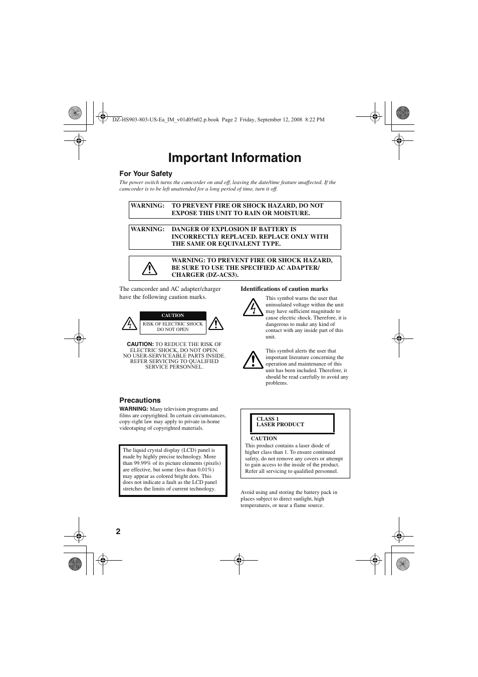 Important information | Hitachi DZ-HS803A User Manual | Page 2 / 191