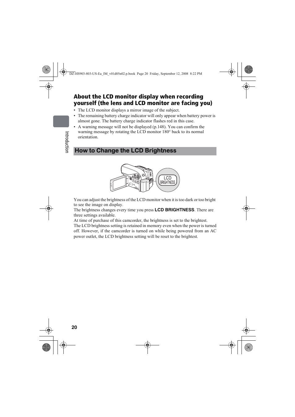 How to change the lcd brightness | Hitachi DZ-HS803A User Manual | Page 20 / 191