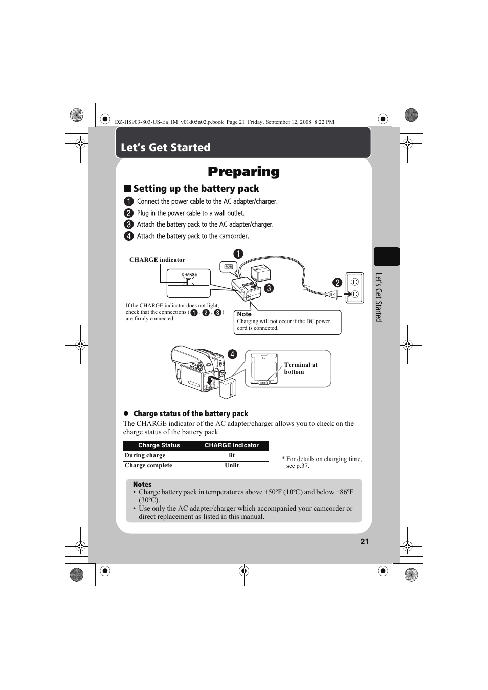 Preparing, Let’s get started, Setting up the battery pack | Hitachi DZ-HS803A User Manual | Page 21 / 191