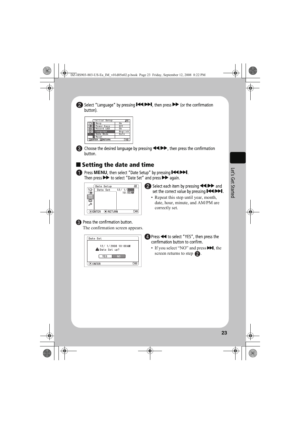 Setting the date and time | Hitachi DZ-HS803A User Manual | Page 23 / 191