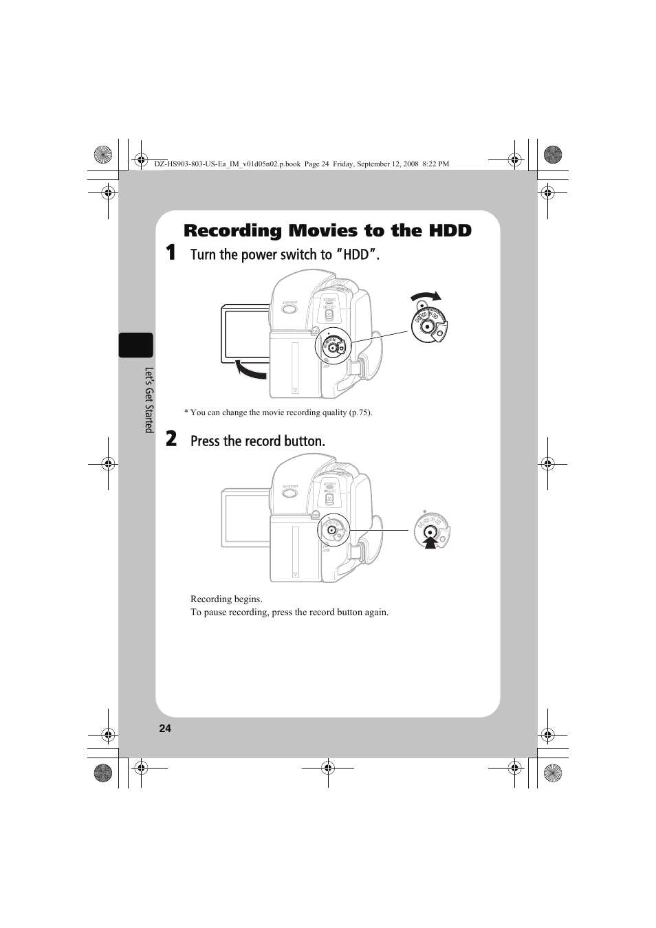 Recording movies to the hdd | Hitachi DZ-HS803A User Manual | Page 24 / 191