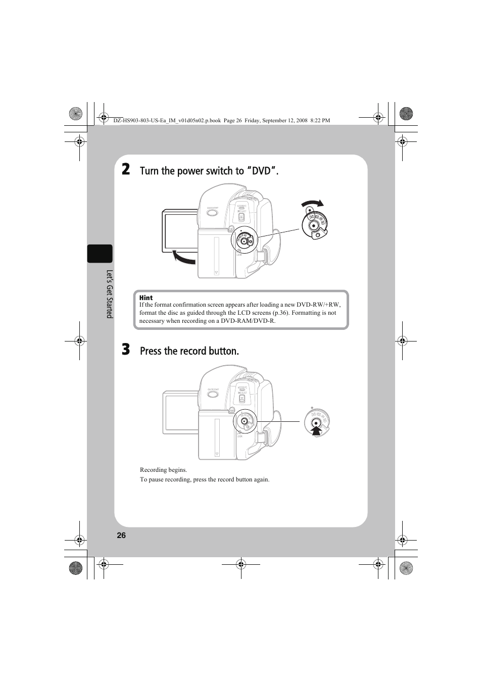 Turn the power switch to “dvd, Press the record button | Hitachi DZ-HS803A User Manual | Page 26 / 191