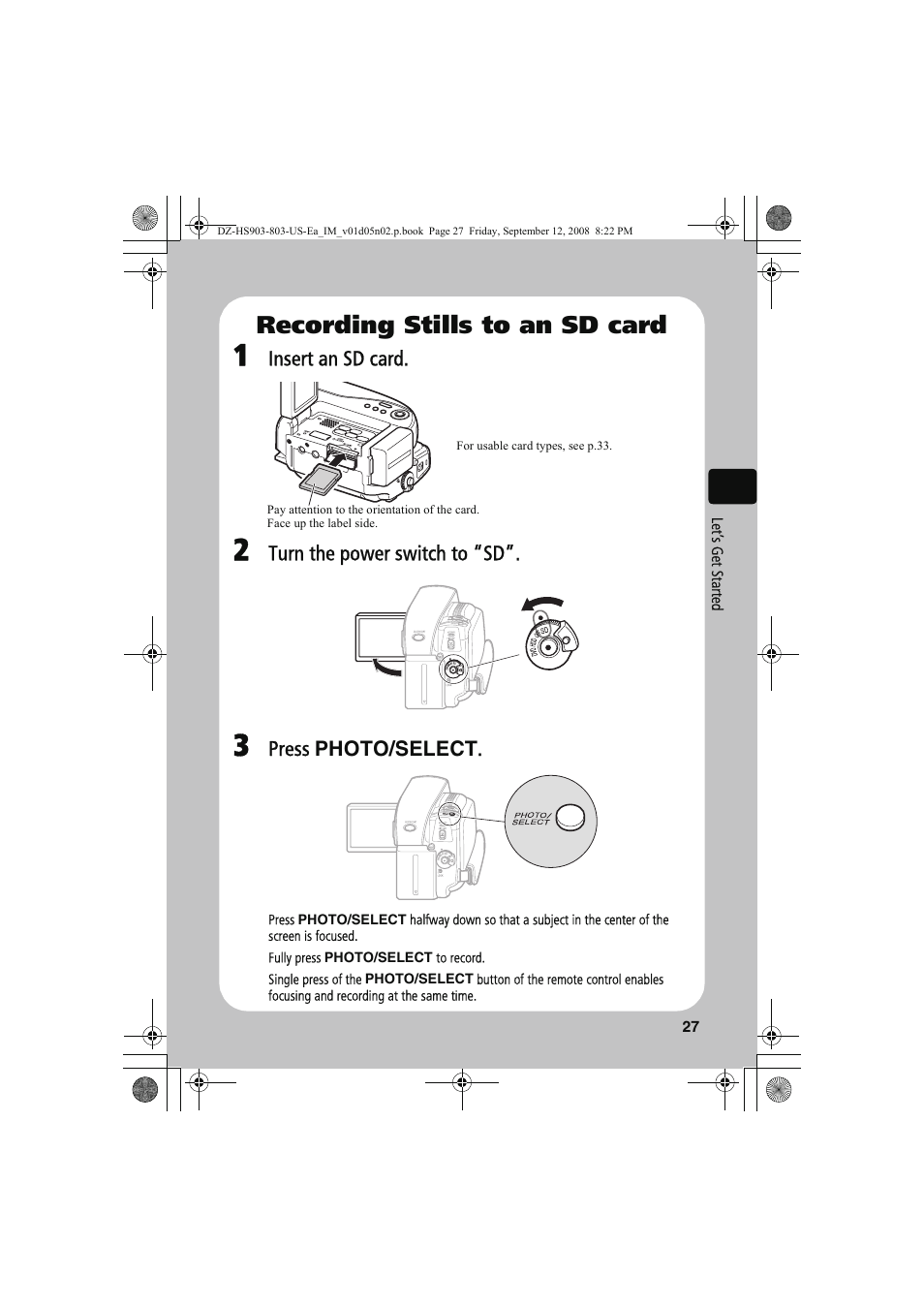 Recording stills to an sd card | Hitachi DZ-HS803A User Manual | Page 27 / 191