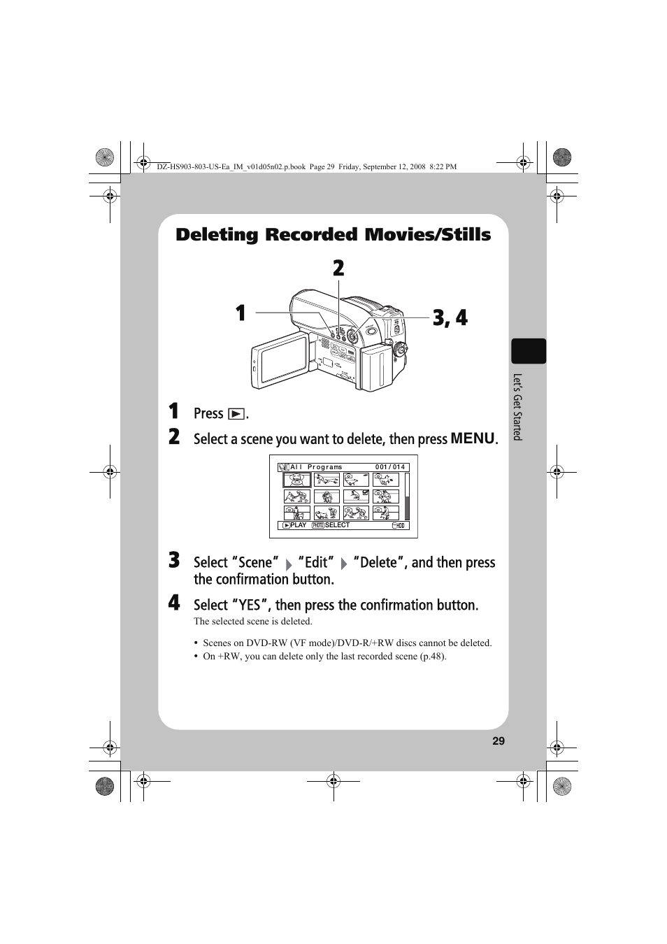 Deleting recorded movies/stills | Hitachi DZ-HS803A User Manual | Page 29 / 191