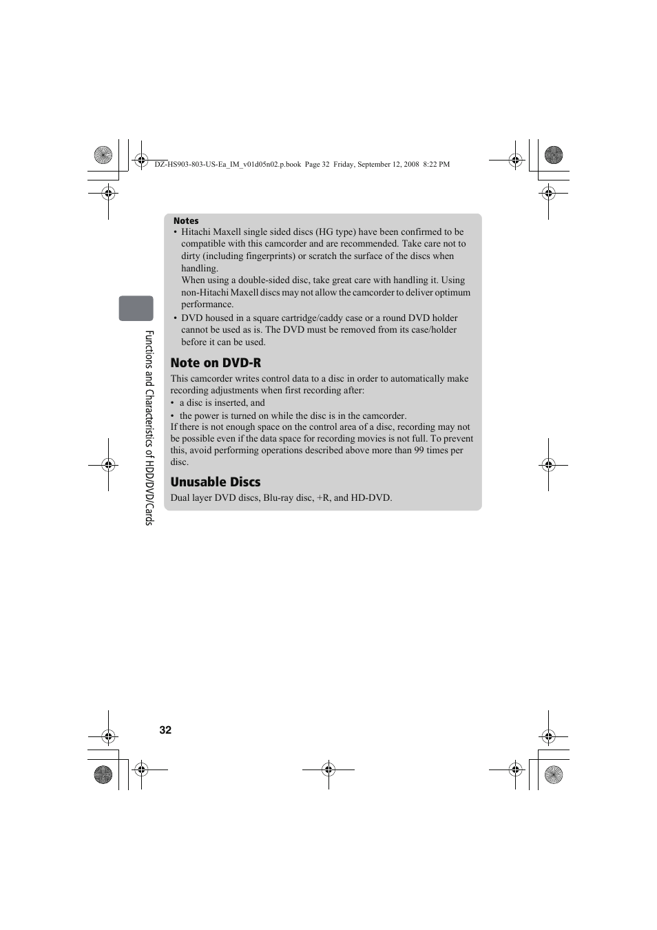 Unusable discs | Hitachi DZ-HS803A User Manual | Page 32 / 191