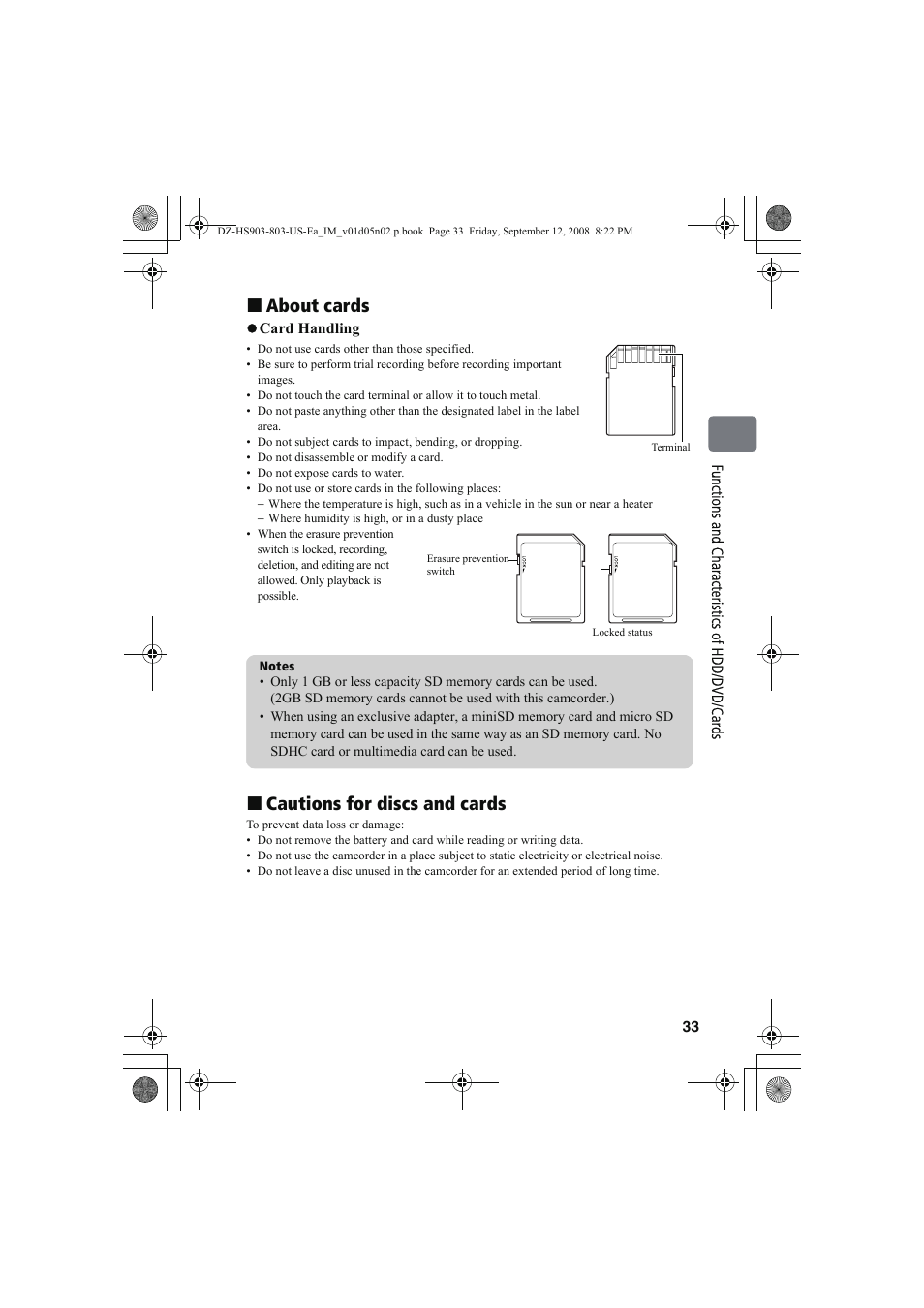 About cards, Cautions for discs and cards | Hitachi DZ-HS803A User Manual | Page 33 / 191