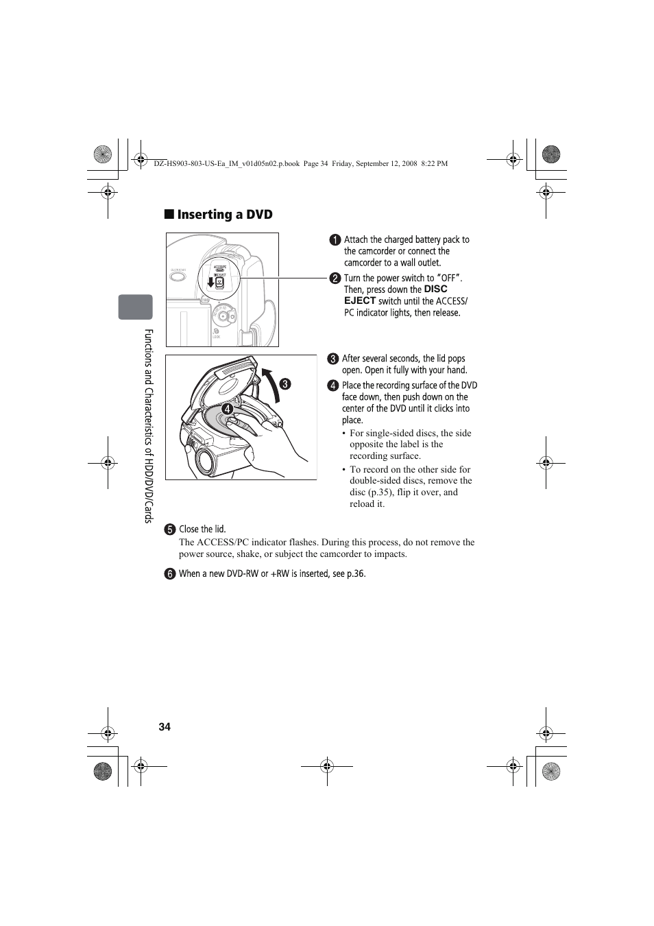 Inserting a dvd | Hitachi DZ-HS803A User Manual | Page 34 / 191