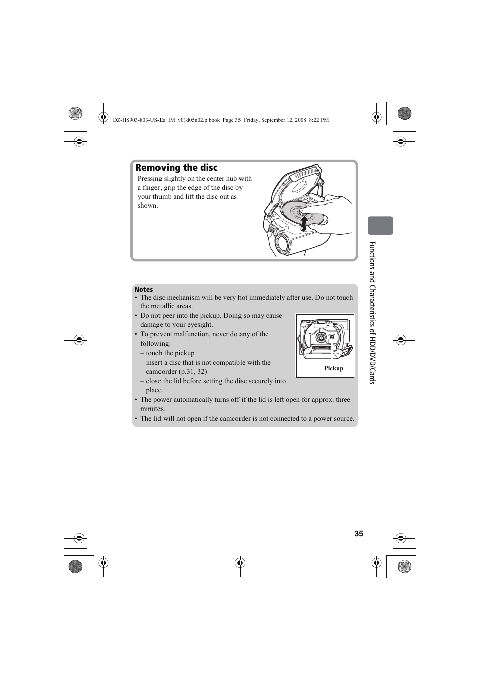 Removing the disc | Hitachi DZ-HS803A User Manual | Page 35 / 191