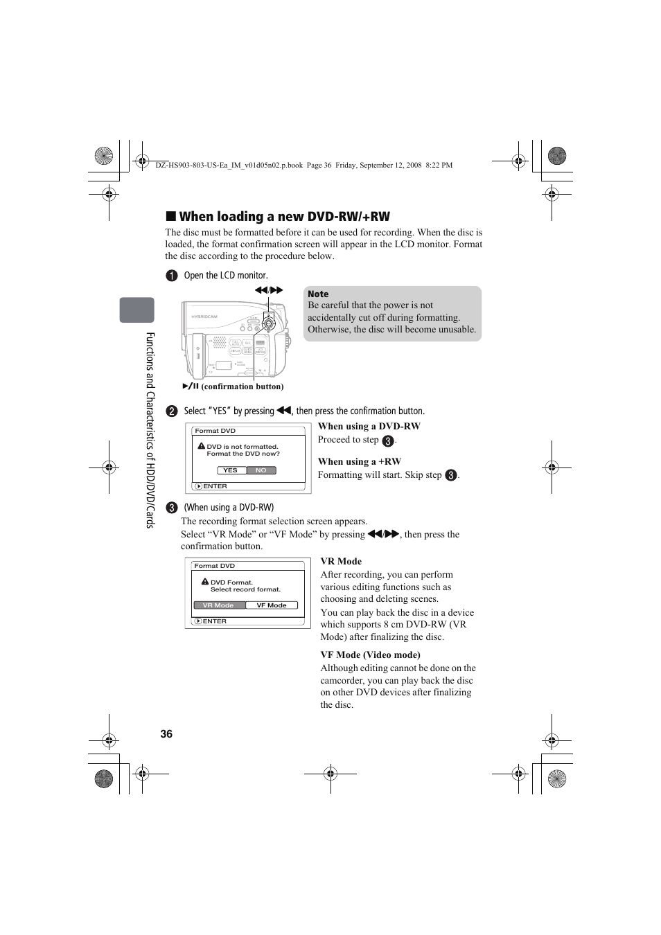 When loading a new dvd-rw/+rw | Hitachi DZ-HS803A User Manual | Page 36 / 191