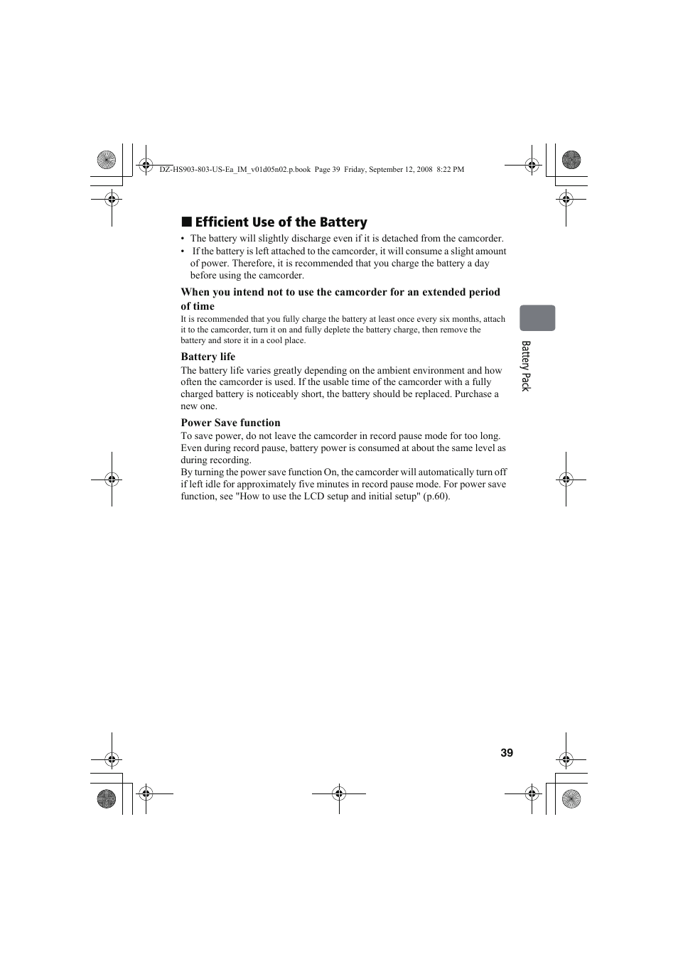 Efficient use of the battery | Hitachi DZ-HS803A User Manual | Page 39 / 191
