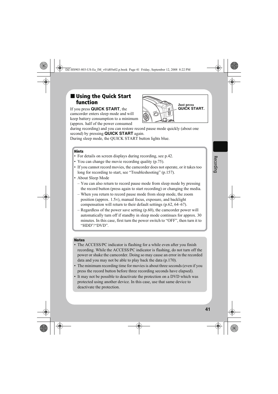 Using the quick start function | Hitachi DZ-HS803A User Manual | Page 41 / 191