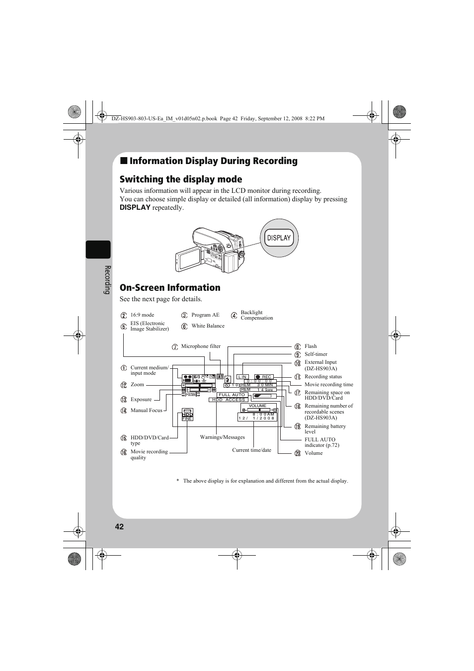 On-screen information, 42 re cor din g | Hitachi DZ-HS803A User Manual | Page 42 / 191