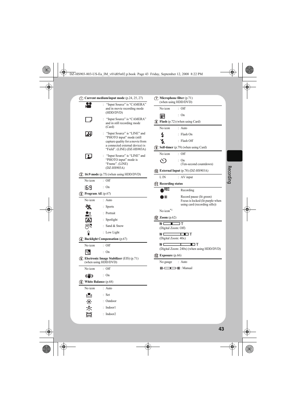 43 re cor din g | Hitachi DZ-HS803A User Manual | Page 43 / 191