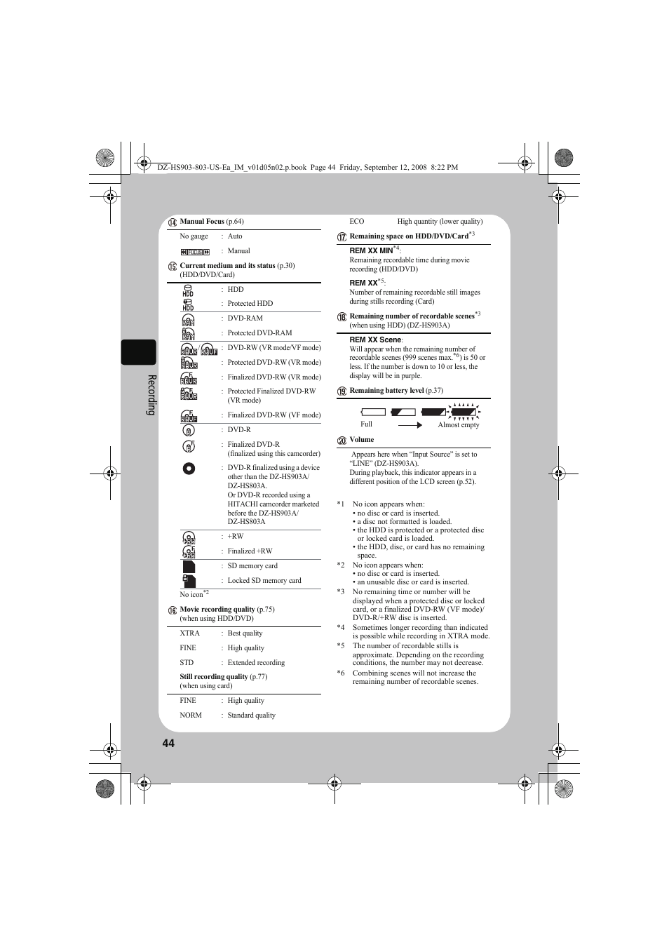 44 re cor din g | Hitachi DZ-HS803A User Manual | Page 44 / 191