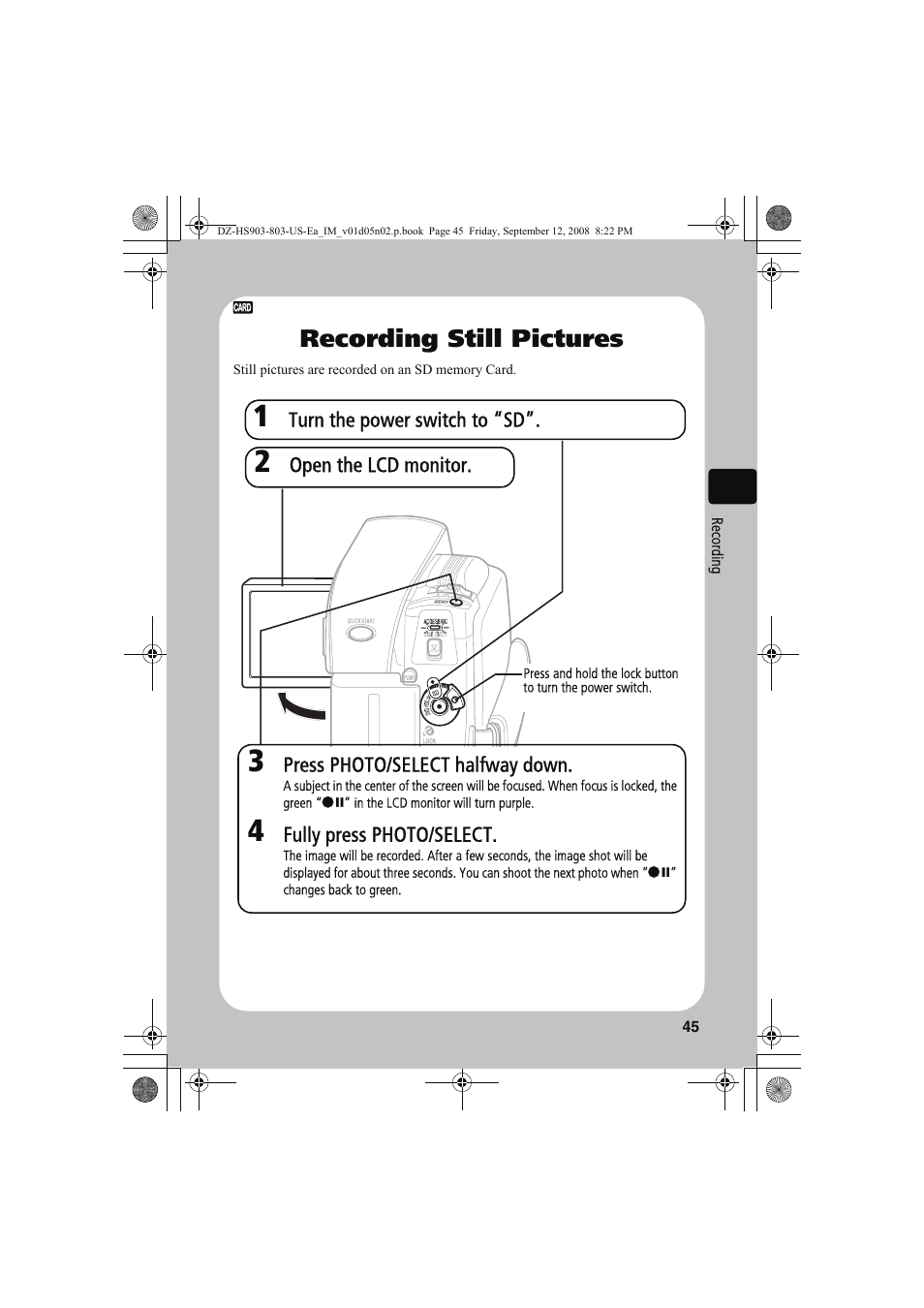 Recording still pictures | Hitachi DZ-HS803A User Manual | Page 45 / 191