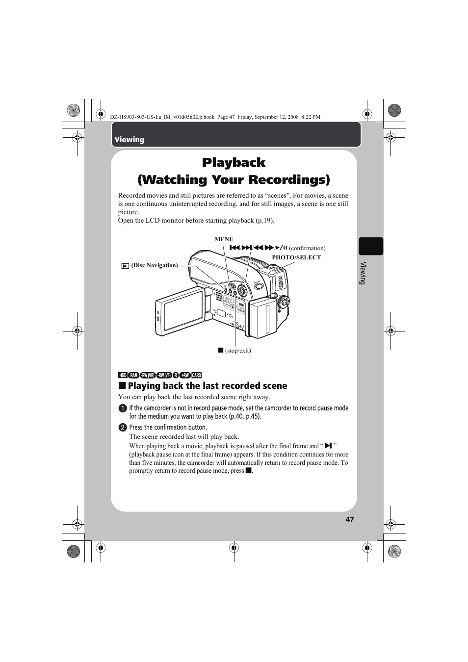 Playback (watching your recordings), Playing back the last recorded scene | Hitachi DZ-HS803A User Manual | Page 47 / 191