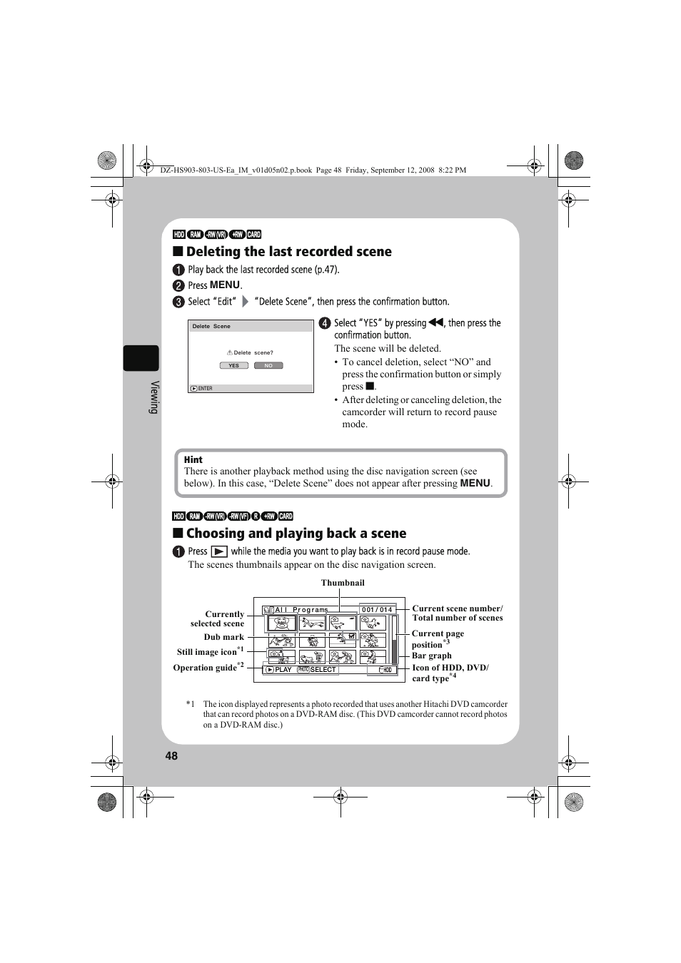 Deleting the last recorded scene, Choosing and playing back a scene | Hitachi DZ-HS803A User Manual | Page 48 / 191