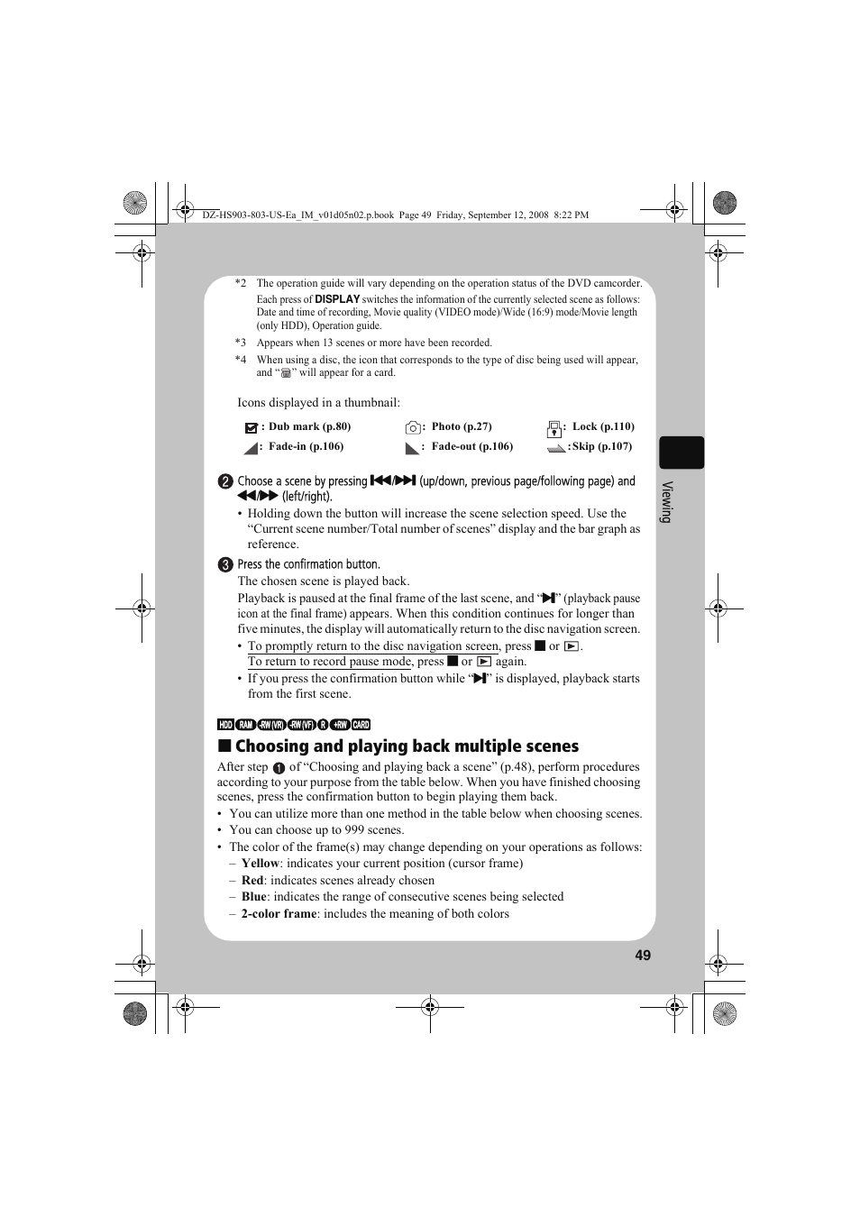 Choosing and playing back multiple scenes | Hitachi DZ-HS803A User Manual | Page 49 / 191