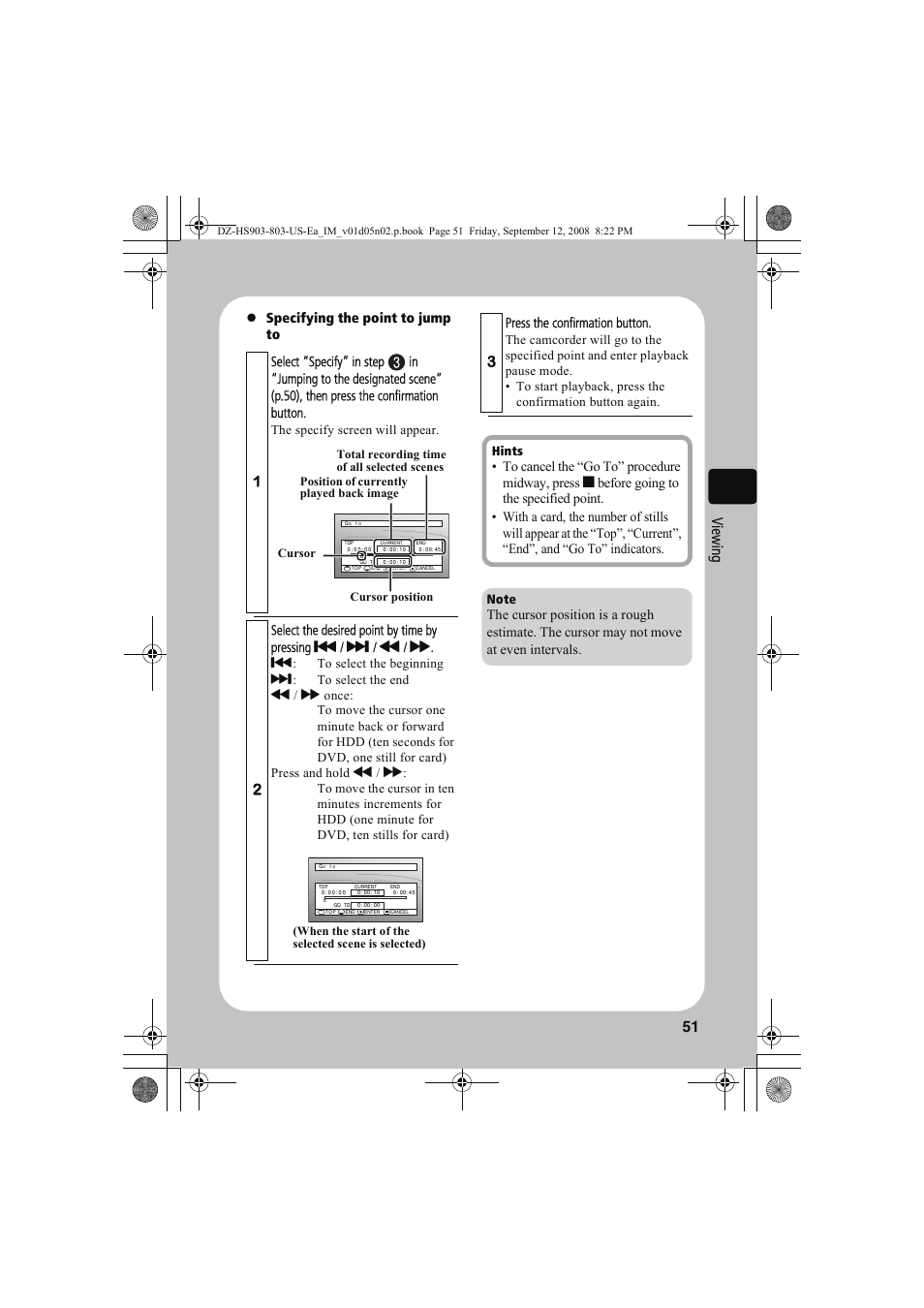 51 vi ew in g, Z specifying the point to jump to, Press the confirmation button | Hitachi DZ-HS803A User Manual | Page 51 / 191