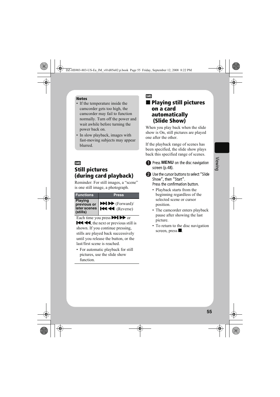 Still pictures (during card playback) | Hitachi DZ-HS803A User Manual | Page 55 / 191