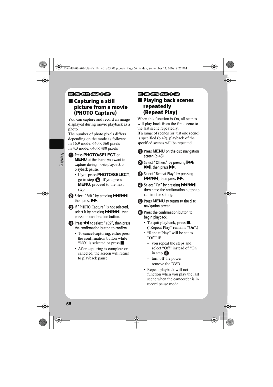 Playing back scenes repeatedly (repeat play) | Hitachi DZ-HS803A User Manual | Page 56 / 191